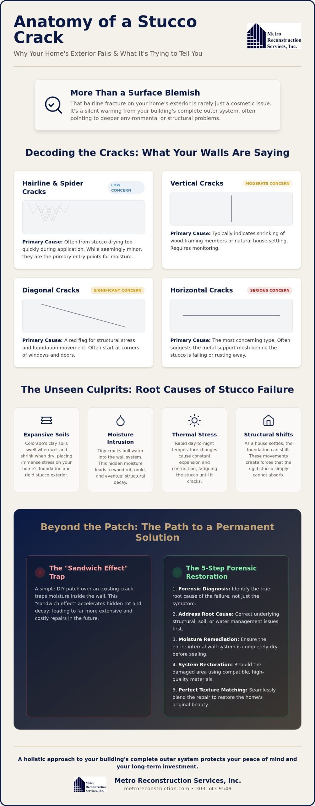 Stucco Crack Repair A Professional Guide to Protecting Your Homes Exterior - Infographic | Colorado's Reconstrction & Remodel Experts Stucco Crack Repair: A Professional Guide to Protecting Your Home’s Exterior