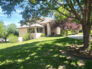 Suburban front yard with a beige single-story house, tiled roof, and large shade trees under a bright blue sky.