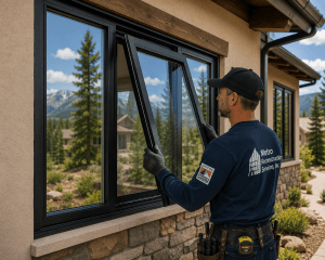 Construction worker installs a black-framed window on a stucco exterior, with mountains in the background.
