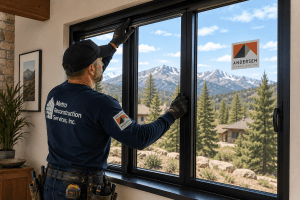 Window installer in a Metro Reconstruction shirt fitting a large black-framed window inside a home; Andersen sticker on the glass with a mountain landscape outside.