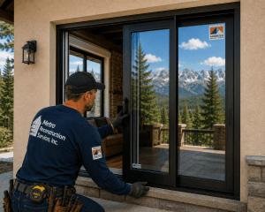 Construction worker installing a black-framed sliding glass door on a beige house, with a mountain landscape visible outside.