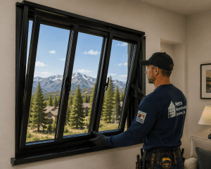 Worker installs a large black-framed tilt-out window inside a home, with a mountain landscape visible outside.