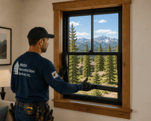 Male construction worker installing a black-framed window in a wood-trimmed interior, with mountains and trees outside.