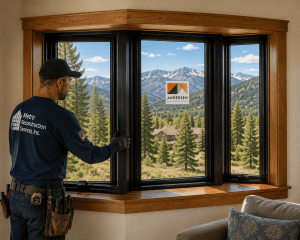 Construction worker in a blue shirt and tool belt installs a black-framed three-panel bay window, with a mountain landscape outside.