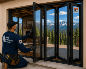 Construction worker kneels by large black-framed folding glass doors, opening to a mountain-view deck outside.