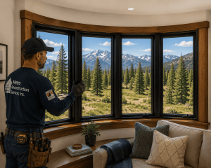Construction worker in a service shirt and tool belt stands inside a living room, adjusting a curved bay window with a forest and mountain view outside.
