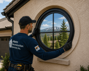 Contractor installs a circular window in a beige stucco exterior, with mountains visible through the glass.