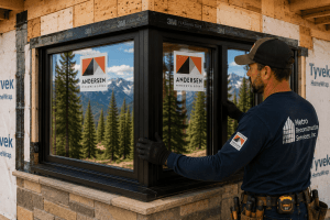 Construction worker installing a black-framed Andersen window in a wooden-framed home under construction, with mountain scenery reflected in the glass.