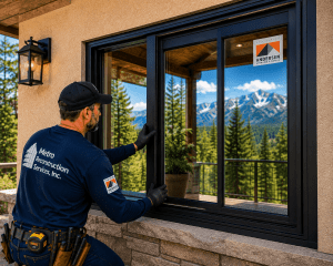 Construction worker in a cap and navy shirt installs a large black-framed window on a stucco house, with mountains visible outside.