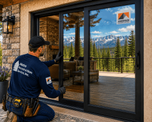 Construction worker kneels to install a large black-framed sliding glass door on a stone patio with a mountain view beyond the deck.
