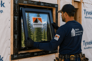 Construction worker installs a black-framed window into a framed wall with Tyvek wrapping, Andersen sticker visible on glass.
