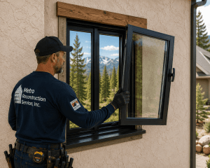 Construction worker in a cap installs a black-framed window into a beige stucco wall, with mountains visible outside.