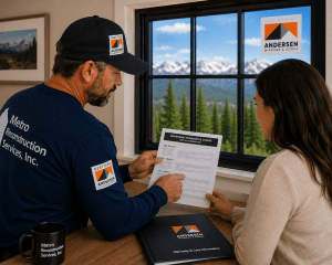 Andersen window installer reviews warranty documents with a customer at a desk by a large window with mountains outside.
