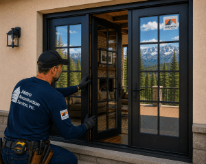 Contractor in a navy uniform with a tool belt installs or adjusts black-framed glass French doors on a beige house with a mountain view outside the door panes.