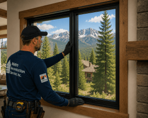 Construction worker in a blue uniform with a tool belt installs a large black-framed window in a wood-trimmed wall, mountain scenery outside.