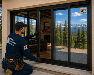 Construction worker installs a large black-framed sliding glass door at a mountain-home, with a deck and pine trees outside.
