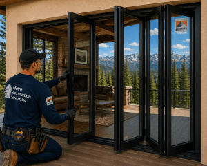 Professional installer kneeling on a wooden deck, fitting black bi-fold glass doors with a mountain view outside.