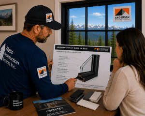 Man and woman review a window cross-section diagram on a presentation board in a showroom setting.