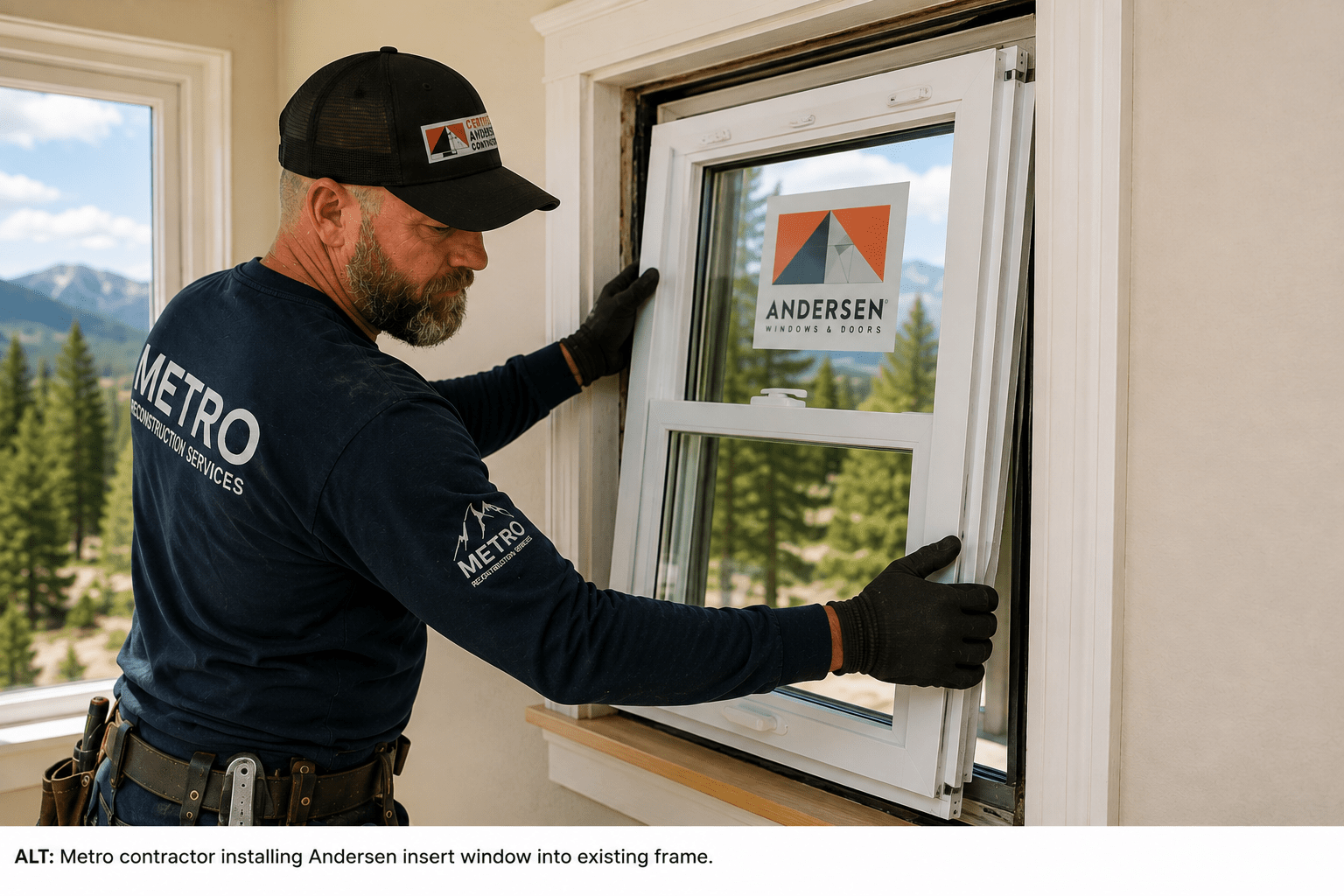 Metro contractor installing an Andersen insert window into an interior wall, mountains visible outside the window area