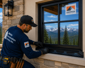 Construction worker in a blue shirt installs a black-framed window on a beige brick house; mountains are visible through the glass.