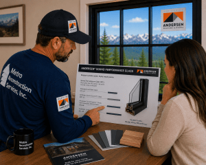Contractor in blue shirt explains an Andersen window performance glass board to a woman at a showroom with window samples and brochures on the table.