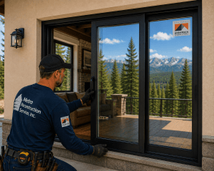 Contractor from Metro Construction Services installs a black-framed sliding glass door on a deck, with mountain scenery in the distance.