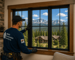 Construction worker in a blue shirt and cap adjusts a large black-framed window inside a mountain-home with a scenic landscape outside.