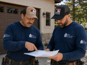 Two construction workers in navy shirts review blueprints outside a house.