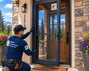 Contractor kneeling to install a black-framed glass front door on a stone porch, with branded doormat and mountains in the background.