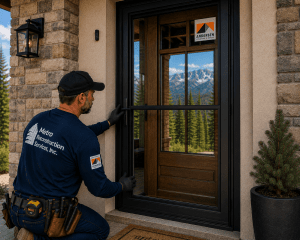Contractor kneeling by a framed glass front door, installing it on a stone porch with mountains reflected in the glass.