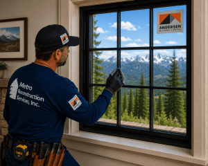Window installer in a blue uniform wipes a black-framed, multi-pane window; mountain scenery outside appears in the background.