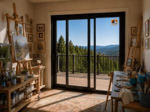 Art studio with wooden easels, canvases, and a painting table facing a glass sliding door that opens to a forested mountain view across a balcony.