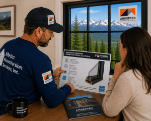 A man in a blue shirt and cap talks with a woman while showing a window brochure at a table near a window with a mountain view outside.