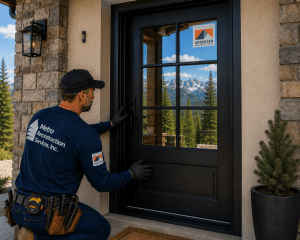 Construction worker installing a black-framed glass front door on a stone house, mountains visible in the background.
