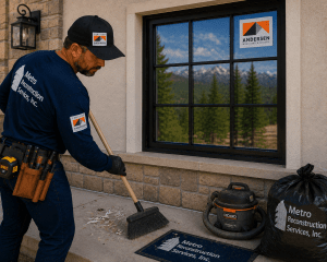 Construction worker in Metro Reconstruction Services uniform sweeps debris from a doorway beside a large black-framed window; Andersen window logos visible on the window and sleeve patch.