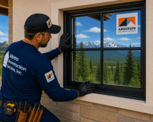 Construction worker in a blue shirt and gloves installs a black-framed window in a beige exterior, with mountains in the background.