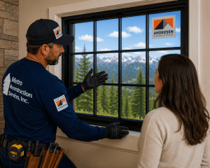 Window installer in a blue shirt and gloves explains a large black-framed window to a customer indoors, with mountains outside.