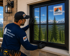 A construction worker in a blue uniform installs a black-framed, four-pane window on a stone exterior, mountains visible outside.