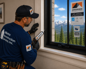 Construction worker in a blue Metro Construction shirt applies sealant to a window frame inside a home.