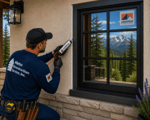 Contractor caulking the exterior black-framed window on a mountain home, wearing a tool belt and cap.