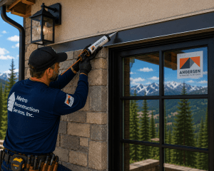 Contractor applying caulk along a stone wall edge near a black-framed window with a mountain landscape in the background.