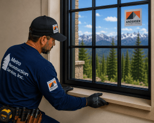 Window installer in a blue shirt and tool belt fits a new black-framed window, mountain scenery visible outside the pane.
