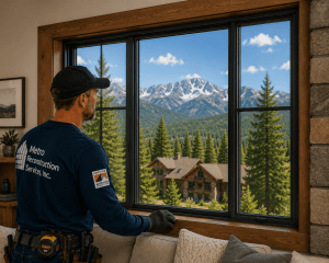 Construction worker in a Metro Reconstruction shirt stands by a large window, looking out at snow-capped mountains.