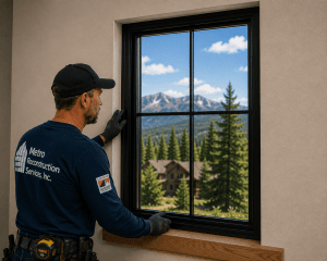 Construction worker in a blue uniform installs a black-framed window, with a mountain landscape visible outside.