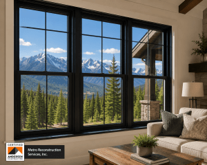 Living room with large black-framed windows revealing a mountain range and pine forest; sofa and coffee table in foreground.