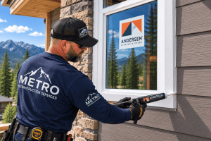 Contractor in a navy Metro Reconstruction Services shirt installs a white-framed window with an Andersen sticker, mountain trees in the background.