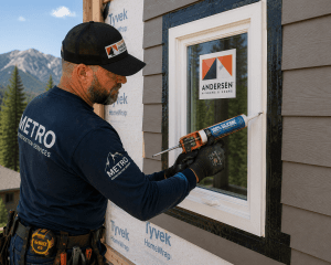 Construction worker in a METRO shirt applies silicone caulk around a white window on a house under construction.