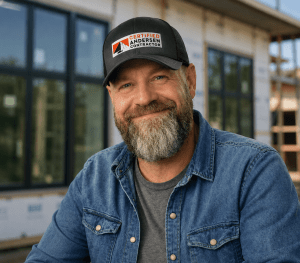 Smiling man with gray beard wearing a black cap and denim shirt outdoors near a construction site.
