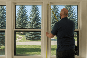 Man with a tape measure standing inside, measuring a window frame for installation or renovation. Outside, trees and a lawn are visible through the panes.
