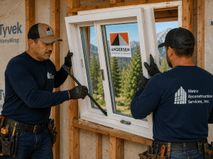 Two construction workers install a white vinyl window in a wood-framed wall, with tools at their belts and mountains visible outside; the window displays an Andersen Windows & Doors sticker.